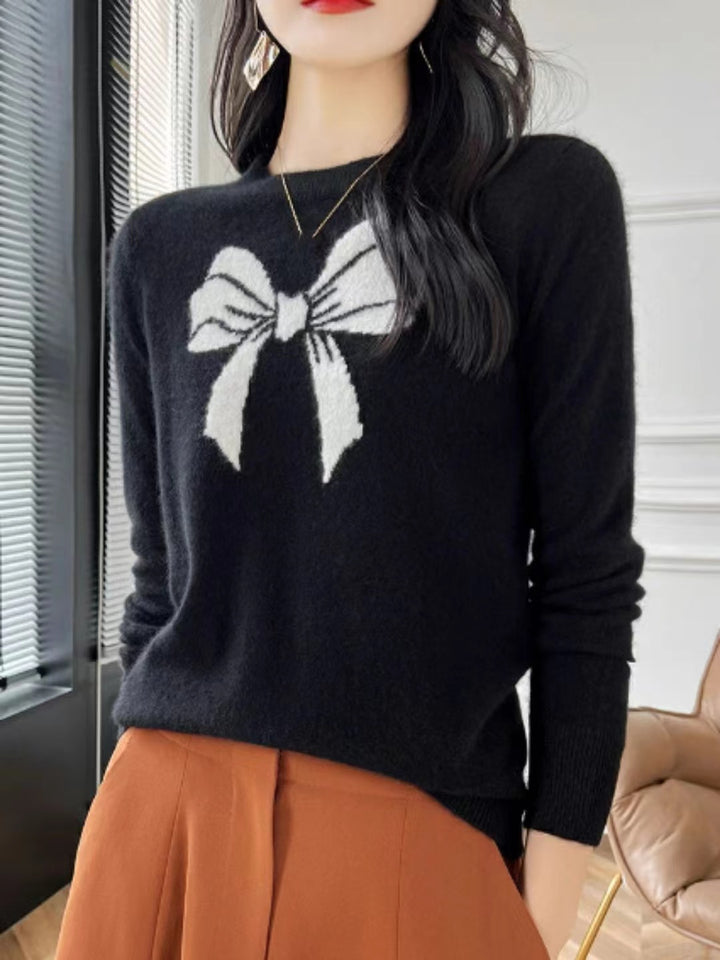 Loose Crew Neck Bow Jacquard Knitted Top