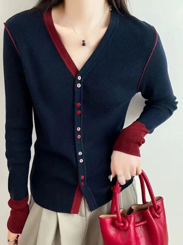 Colorblock V-neck Long-sleeved Knitted Cardigan