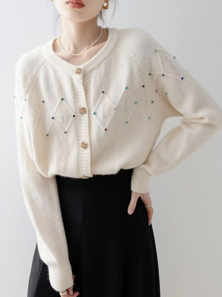 Crew Neck Beaded Knit Cardigan