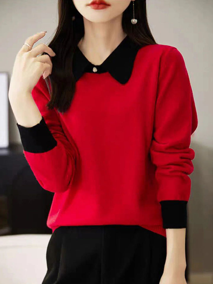 Loose Lapel Color-Blocked Knitted Top