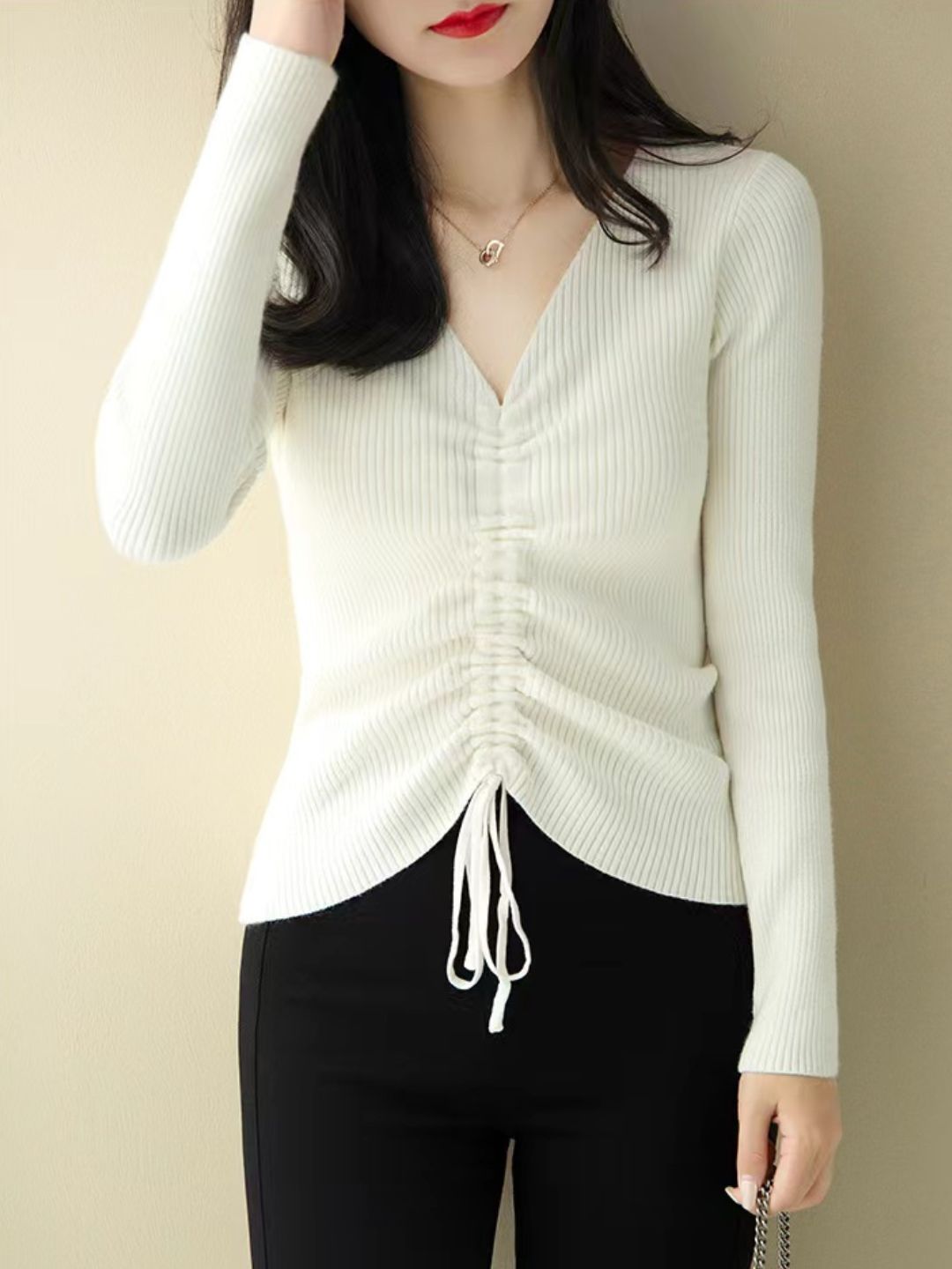 V-neck Drawstring Sweater