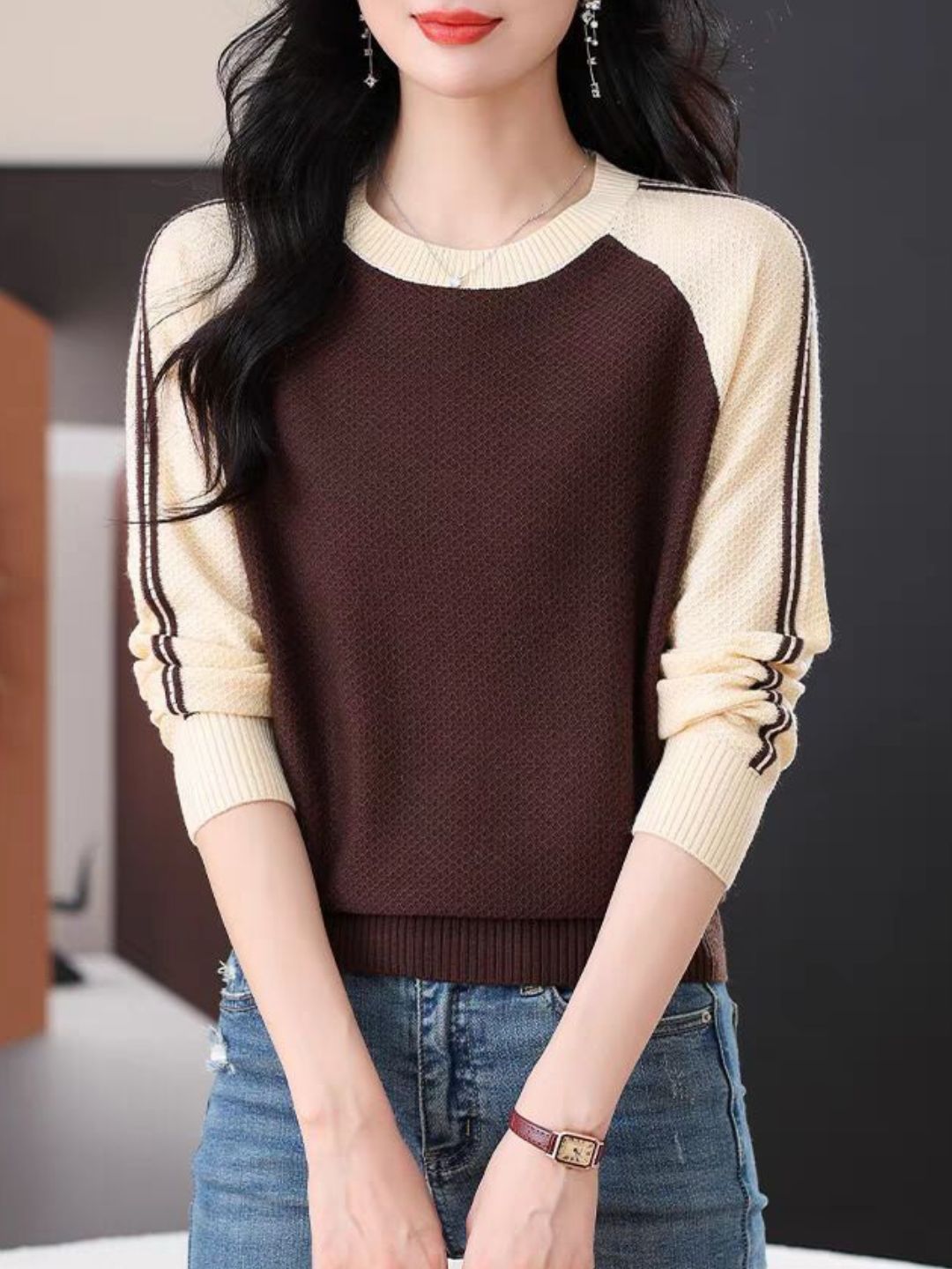 Casual Crew Neck Colorblock Knitted Sweater