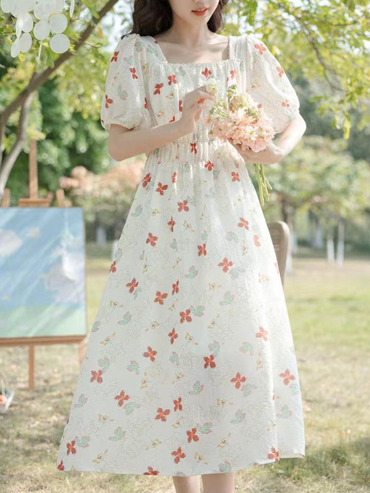 Puff Sleeve Slim Floral Dress