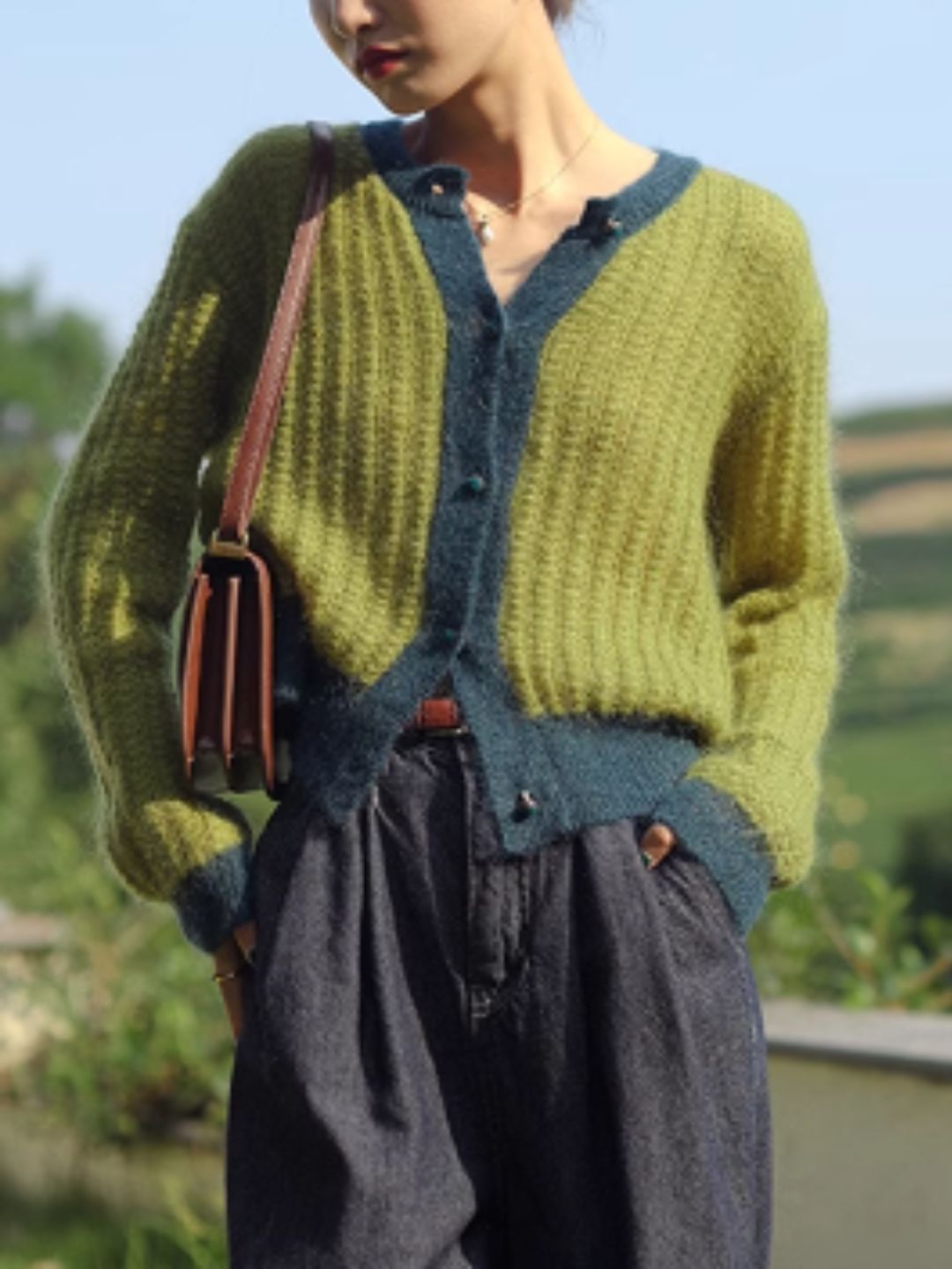 Contrast Loose Knit Cardigan - Green