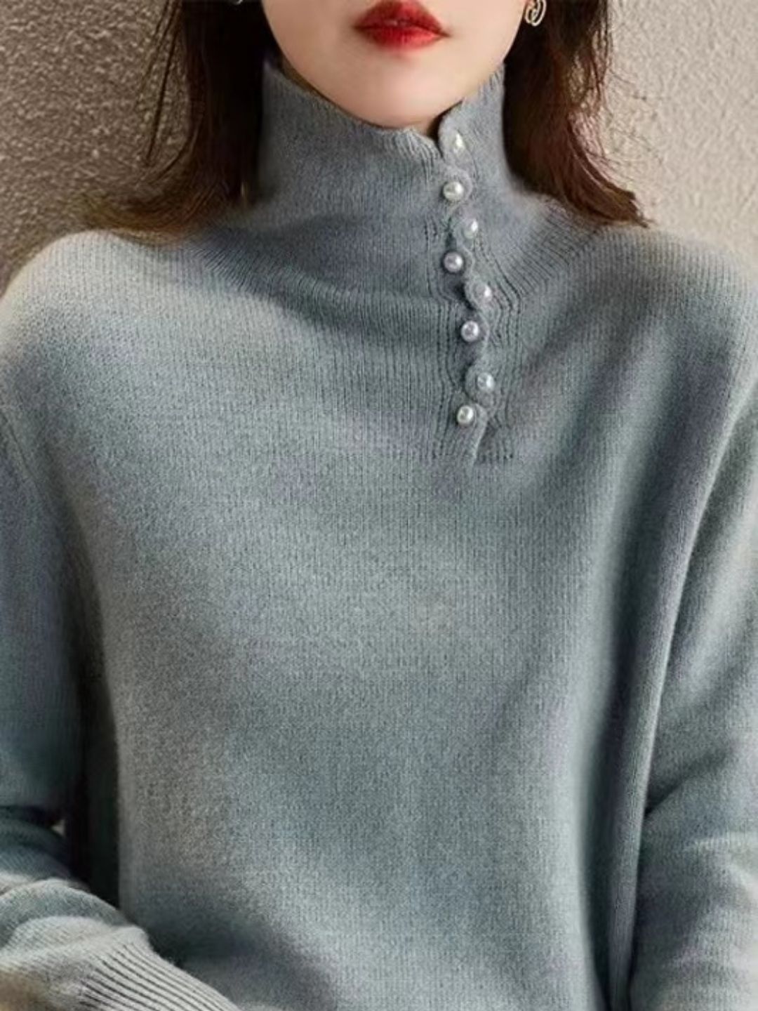 Buttoned Turtleneck Knitted Sweater - Blue