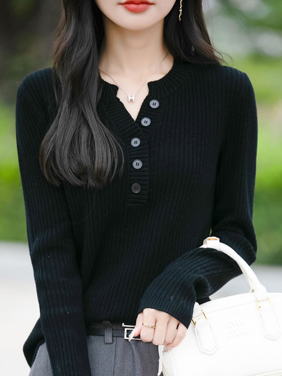 Slim Fit Half-Open V-Neck Sweater