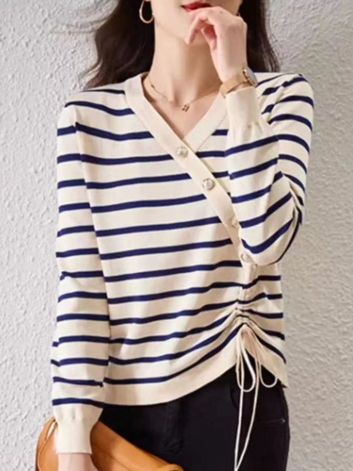 V-Neck Drawstring Striped Knitted Top