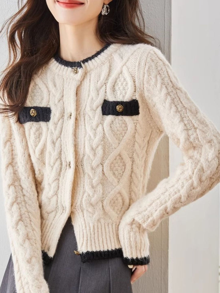 Classic Crew Neck Contrast Cardigan