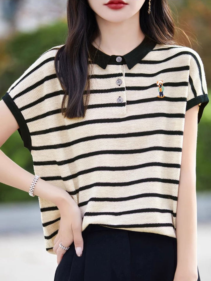 Contrast Stripe Polo Neck T-Shirt - Black