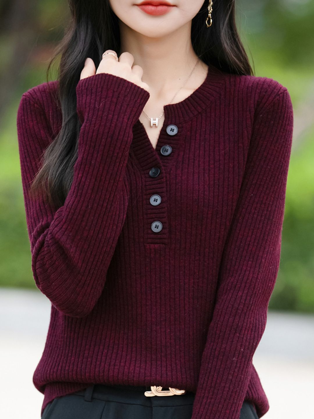 Slim Fit Half-Open V-Neck Sweater