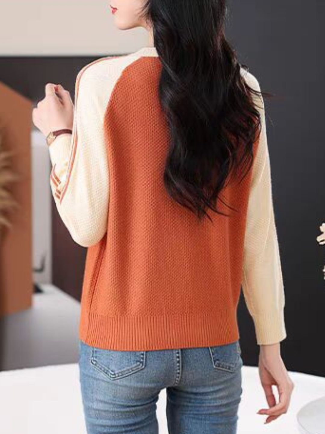 Casual Crew Neck Colorblock Knitted Sweater