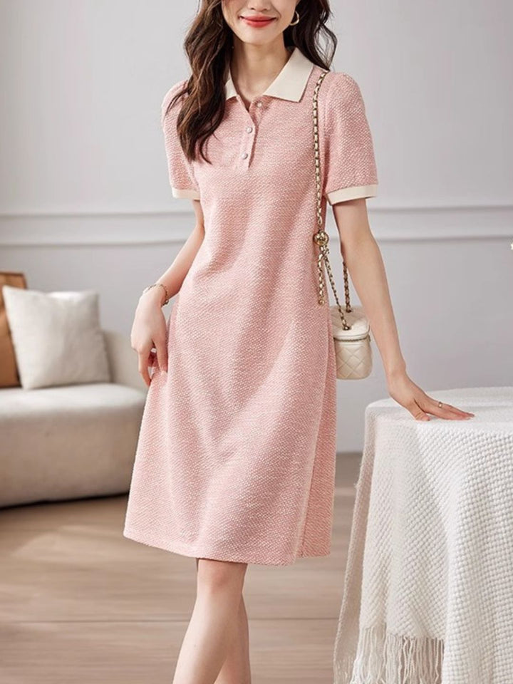 Contrast Color Lapel Textured Short Sleeve Dress