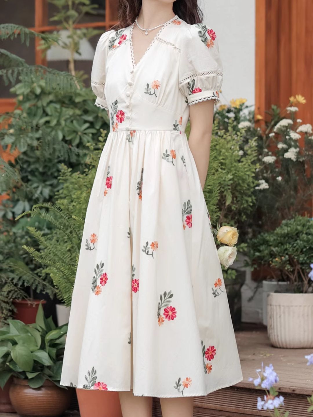 V-neck Floral Embroidered  Dress