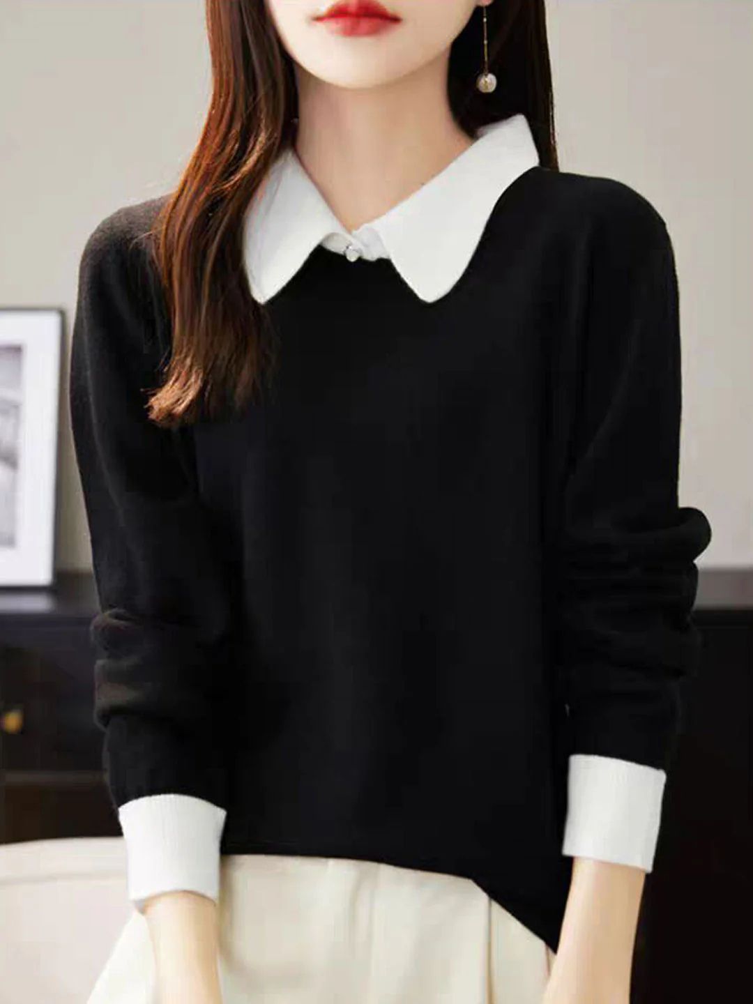 Loose Lapel Color-Blocked Knitted Top