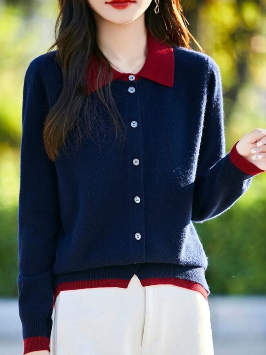 Casual Lapel Colorblock Knit Cardigan Set - Blue