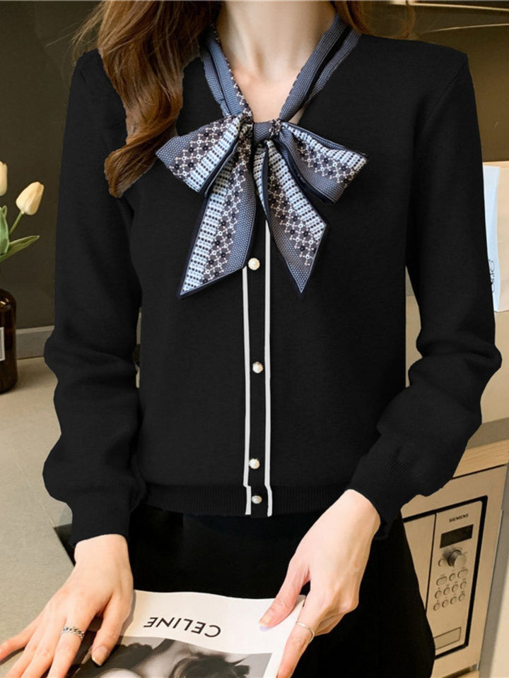 Bowknot Ribbon Knit Sweater Spliced Top