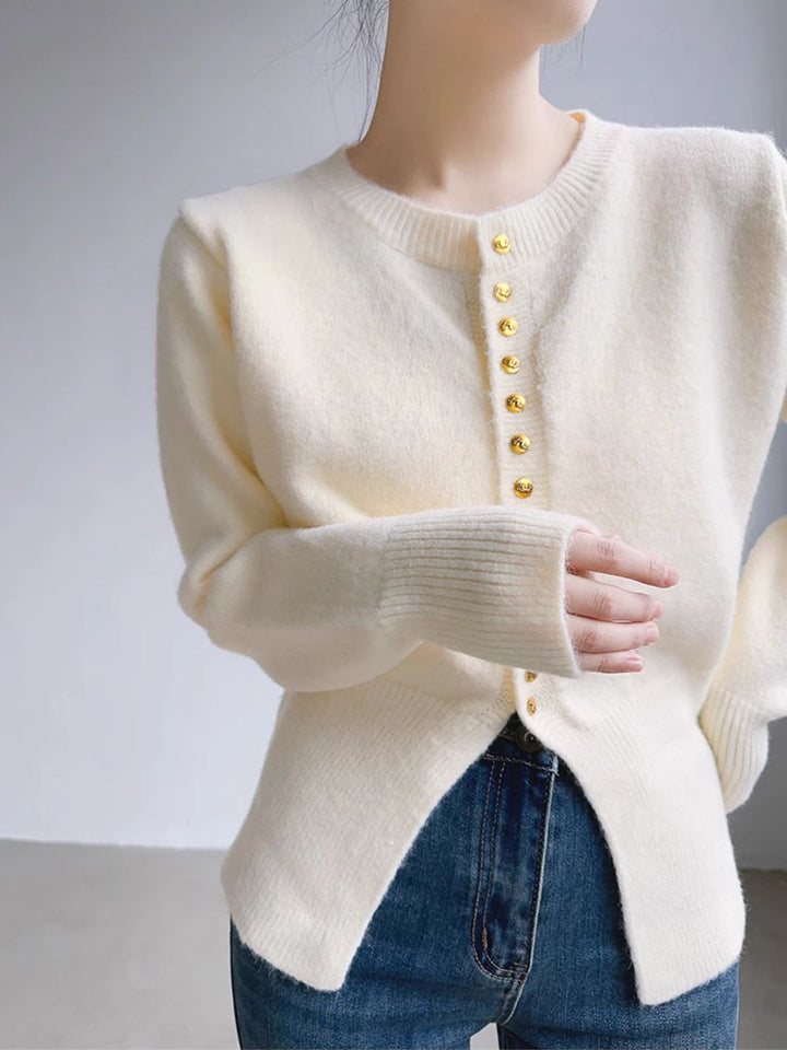 Crew Neck Solid Color Button Knitted Top