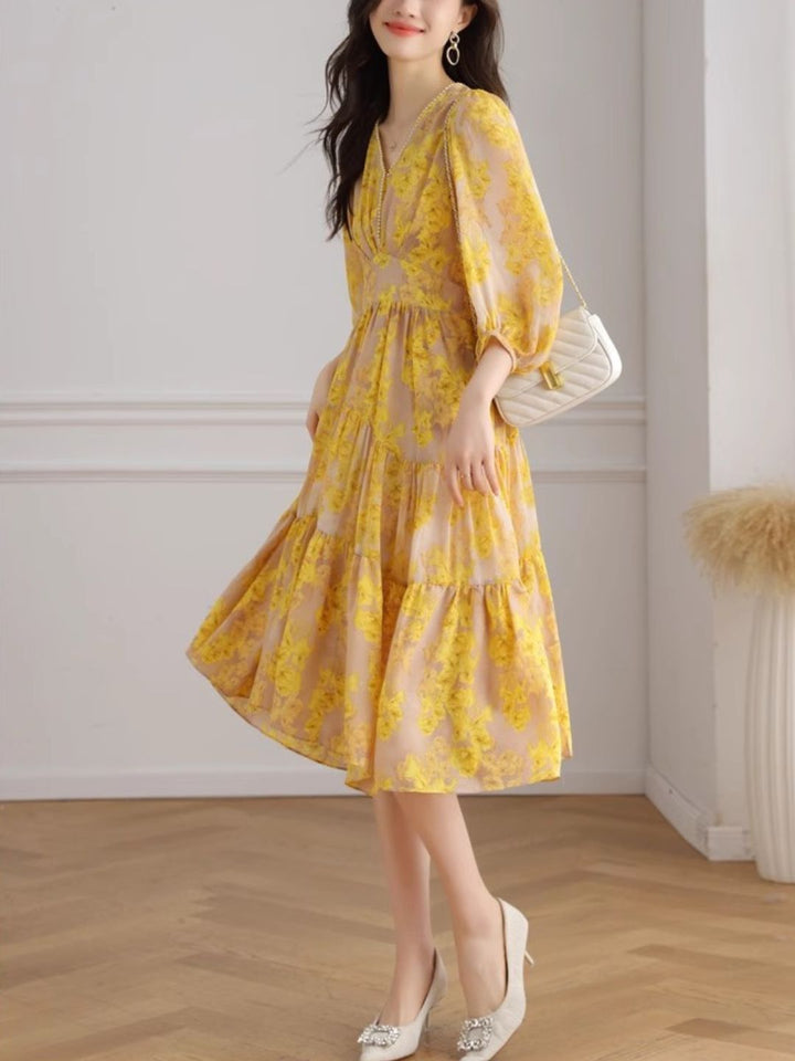 Temperament V-neck Floral Waist Dress - Yellow