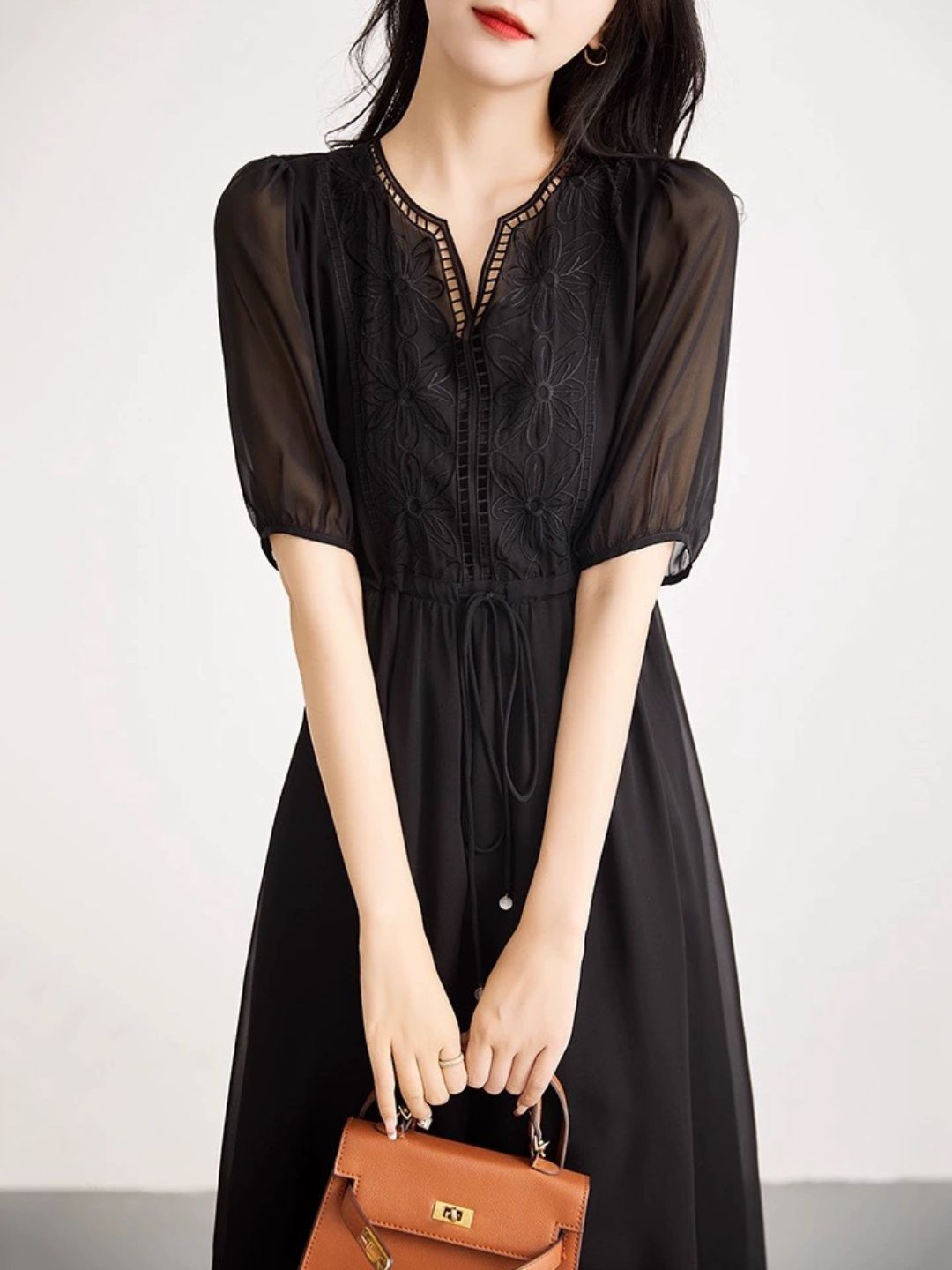 Elegant V-neck Embroidered Dress