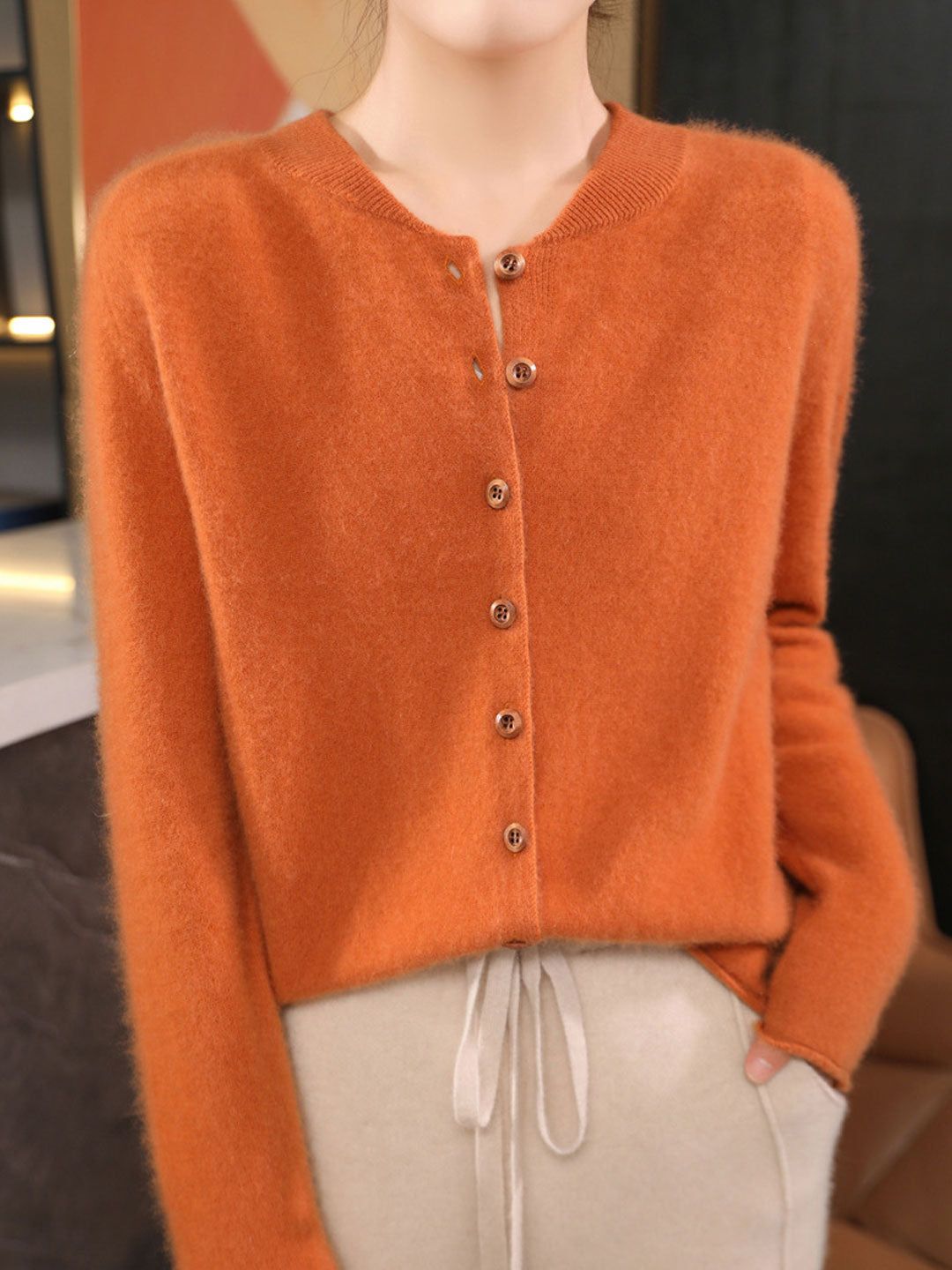 Classic Crew Neck Solid Color Knitted Cardigan