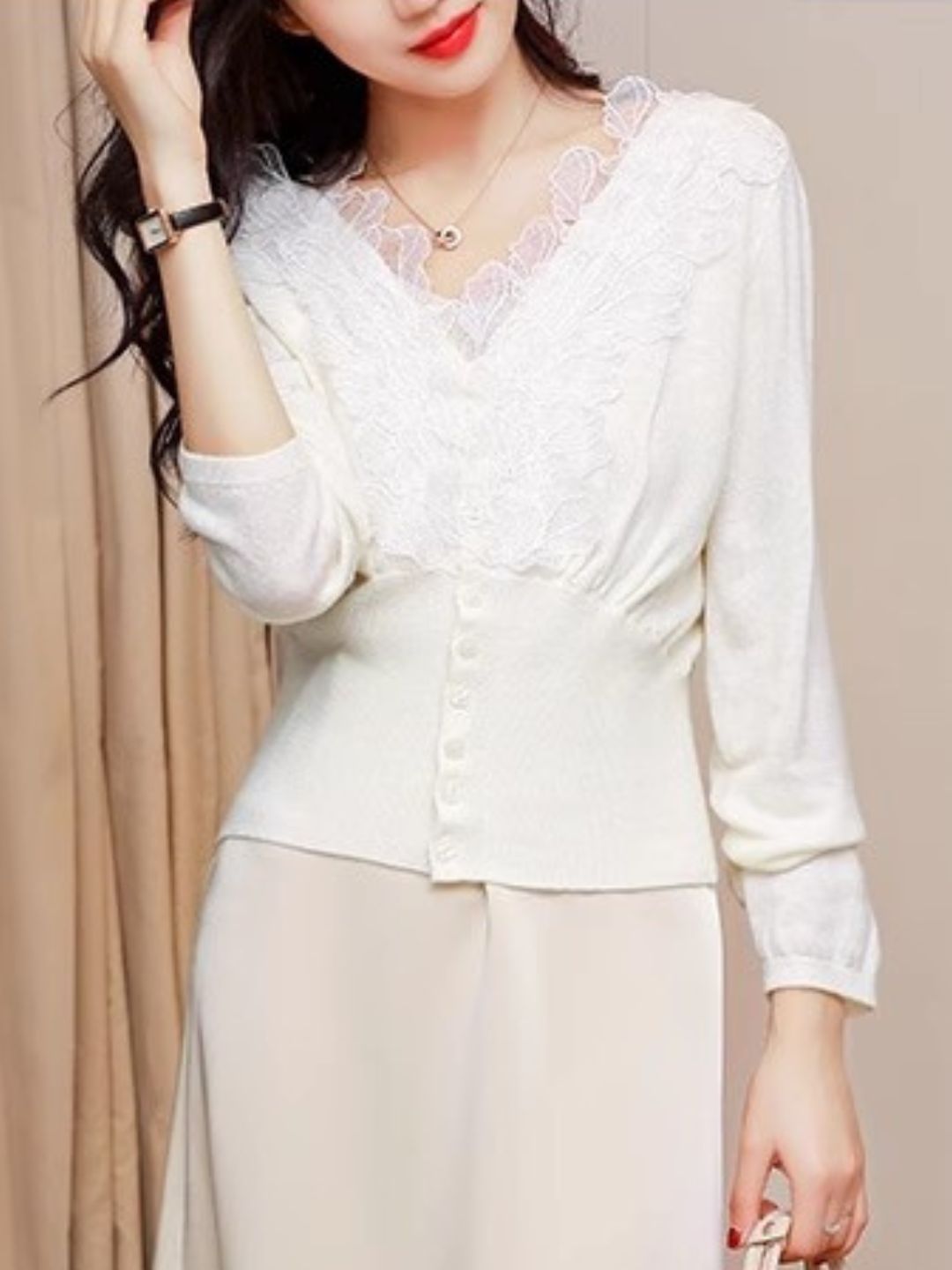 Elegant V-neck Lace Knitted Cardigan - Pink