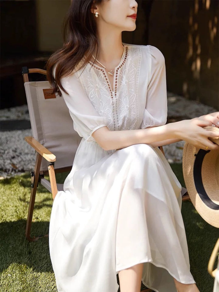 Elegant V-neck Embroidered Dress