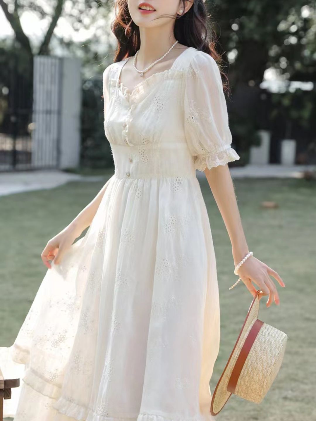 French Square Neck Short Sleeve White Dress