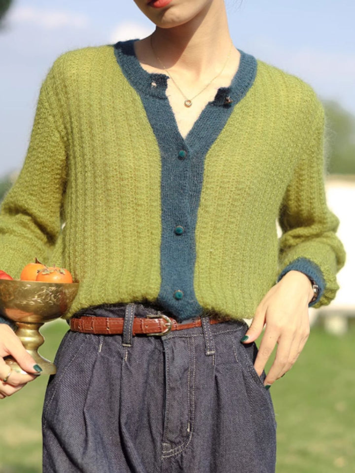 Contrast Loose Knit Cardigan - Green