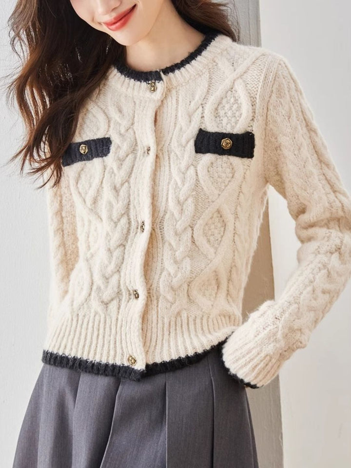 Classic Crew Neck Contrast Cardigan