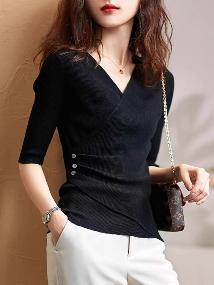 Casual V-Neck Solid Color Knitted Top - Grey