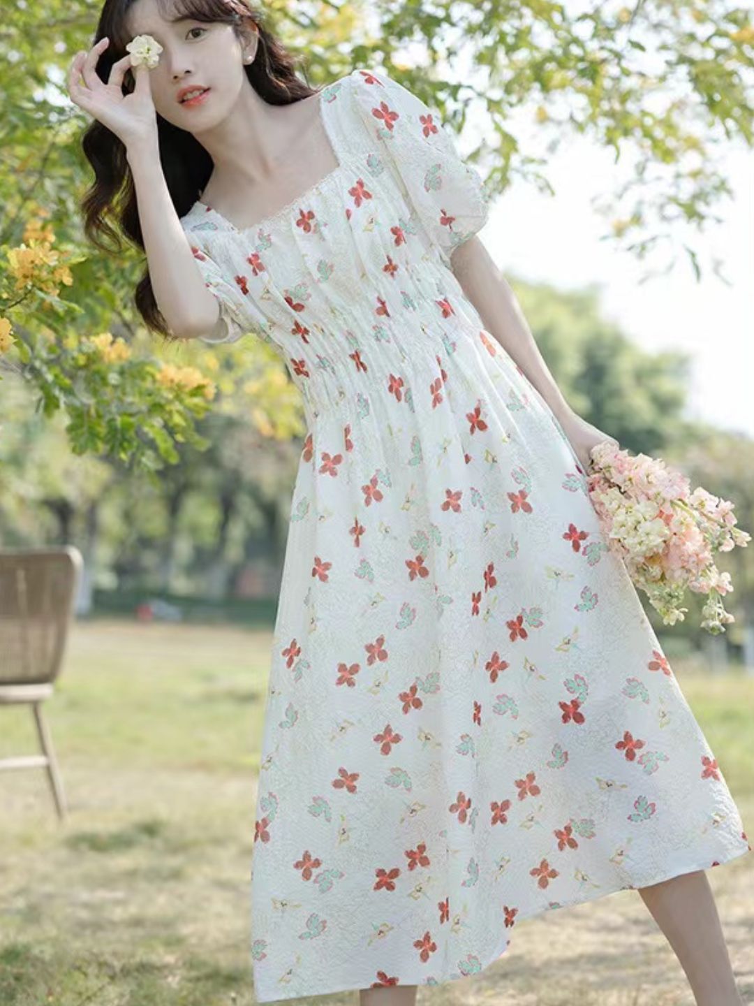 Puff Sleeve Slim Floral Dress