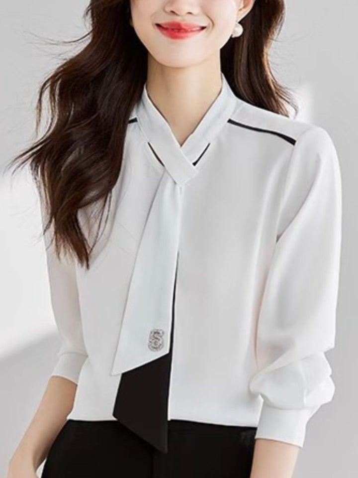 French Ribbon Bow Long Sleeve Chiffon Top - White