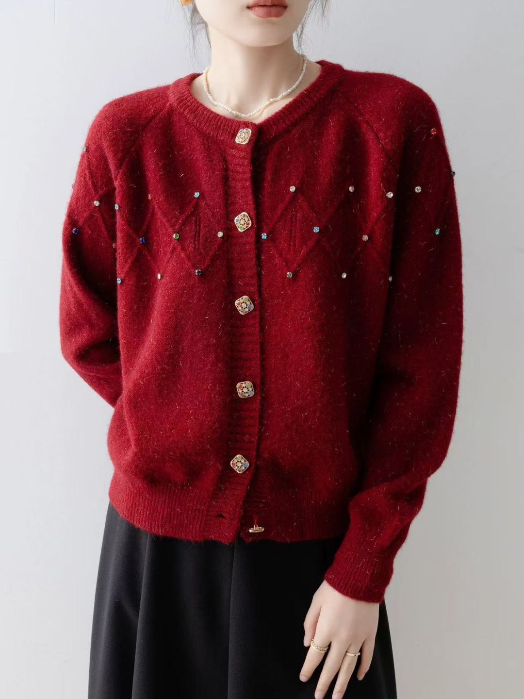 Crew Neck Beaded Knit Cardigan