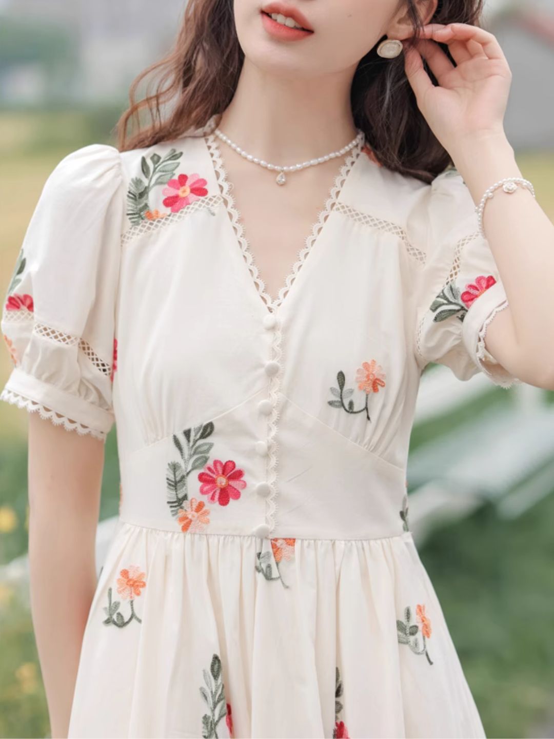 V-neck Floral Embroidered  Dress