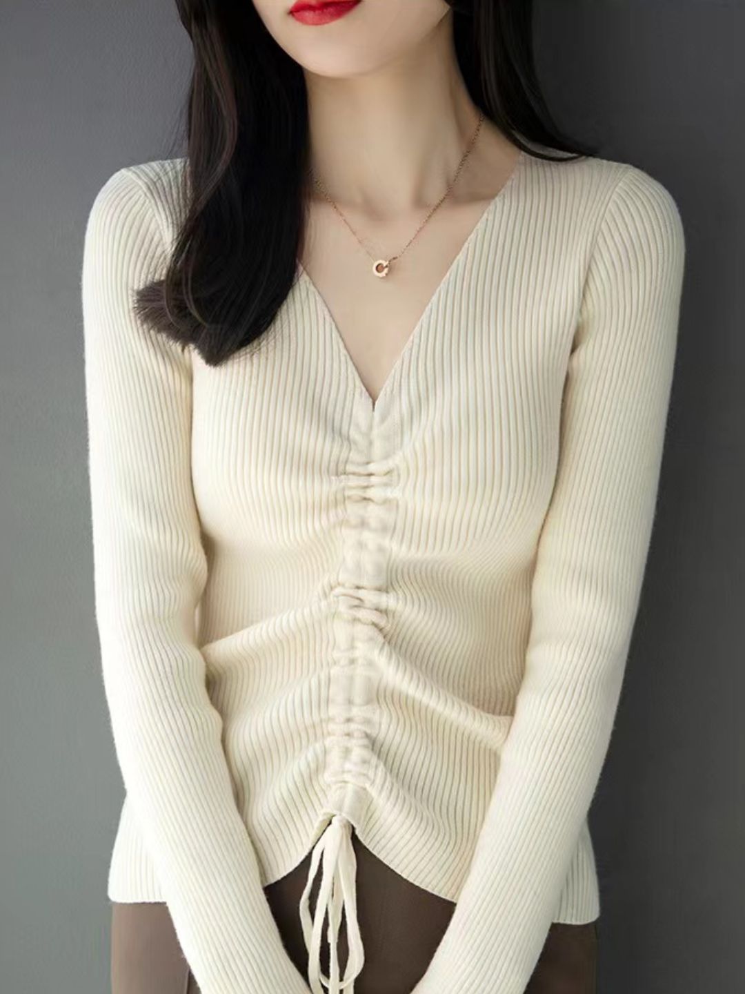 V-neck Drawstring Sweater