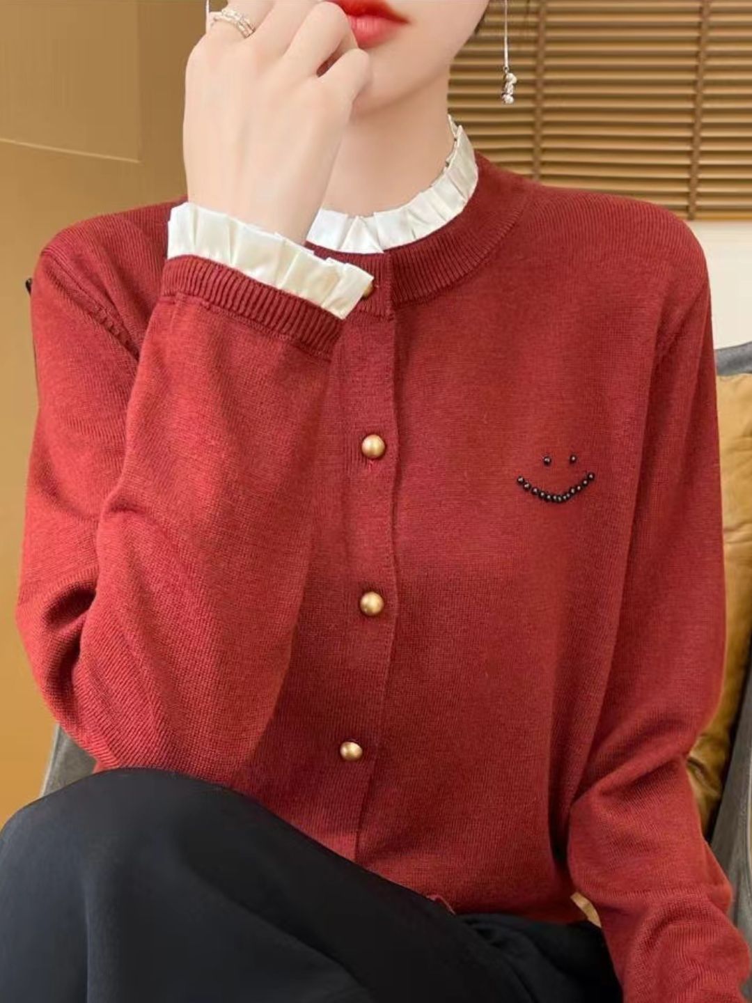 Ruffle Collar Knitted Cardigan