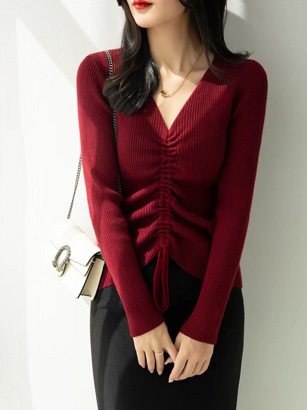 V-neck Drawstring Sweater