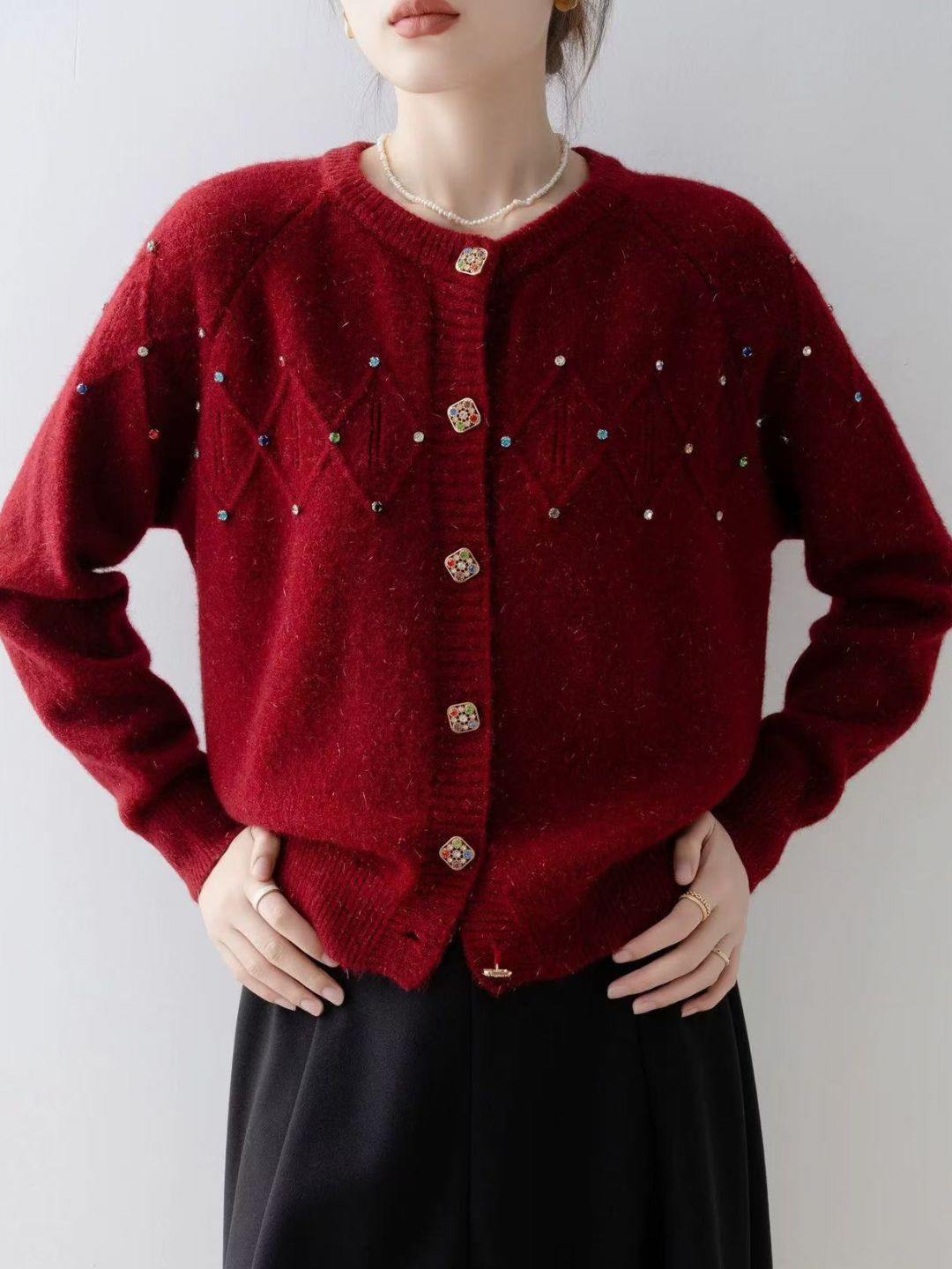 Crew Neck Beaded Knit Cardigan