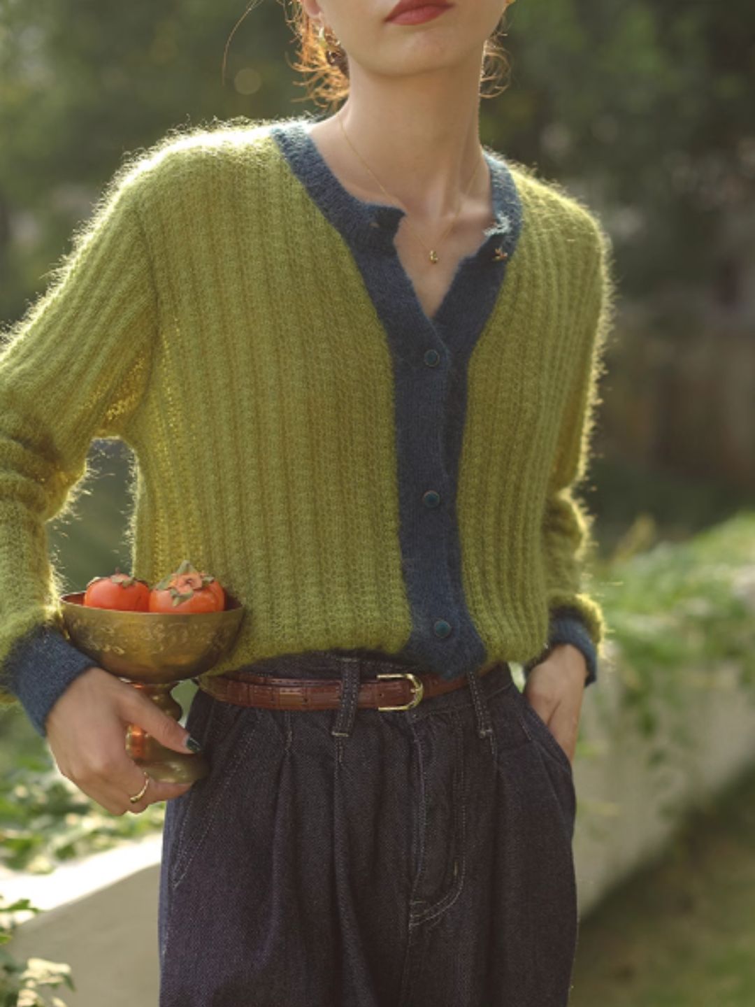 Contrast Loose Knit Cardigan - Green