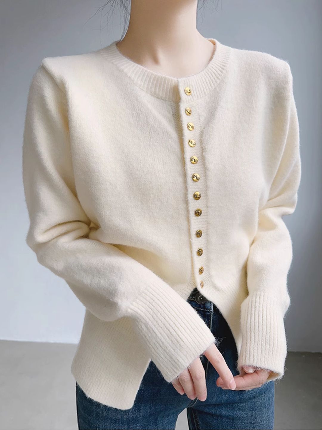 Crew Neck Solid Color Button Knitted Top