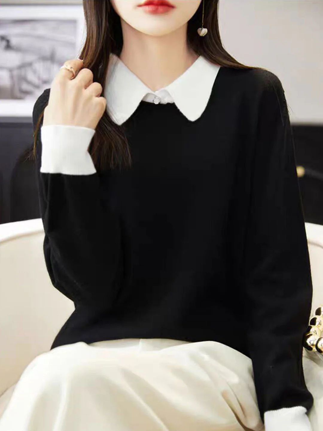 Loose Lapel Color-Blocked Knitted Top