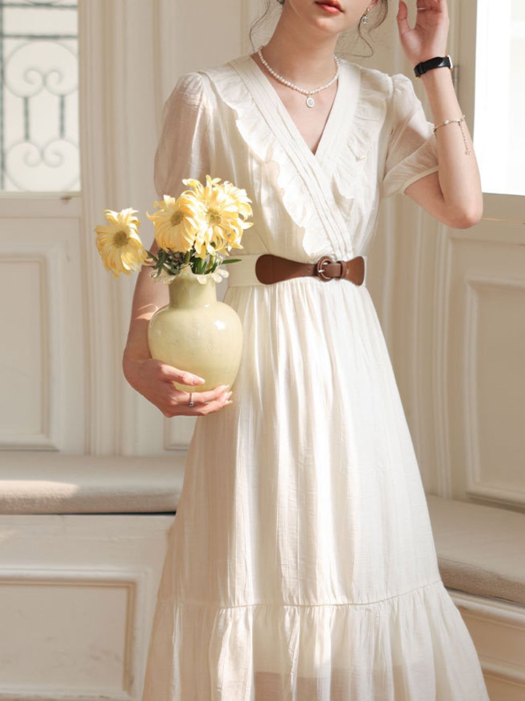 Puff Sleeve Waist Ruffled Solid Color Dress