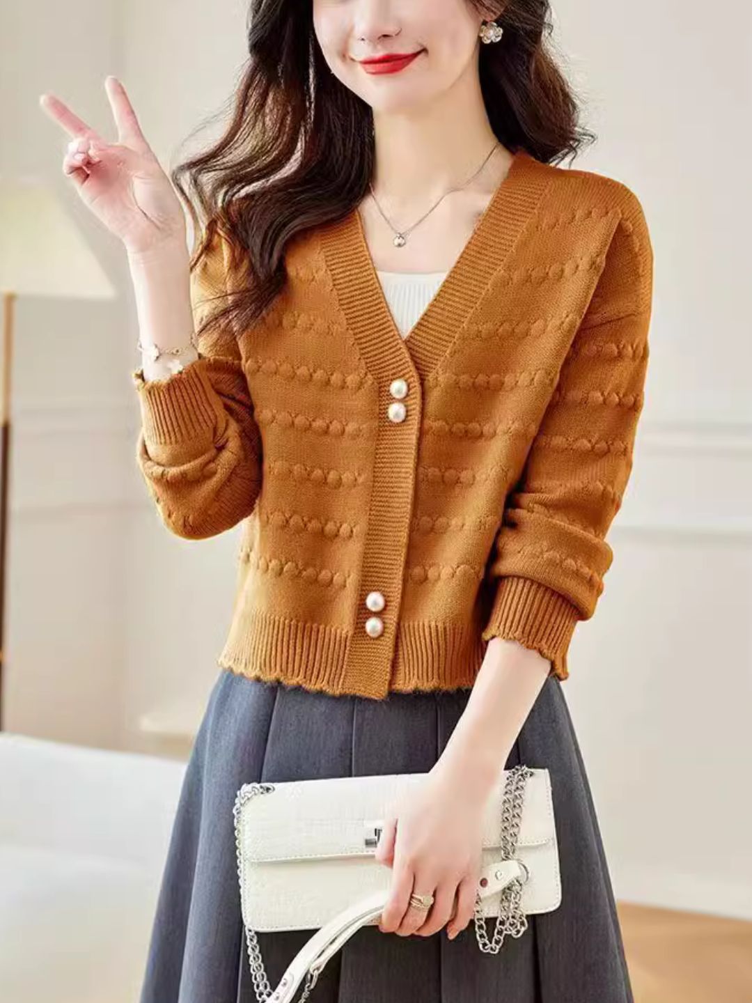 V-Neck Solid Color Auricular Knitted Cardigan - Green