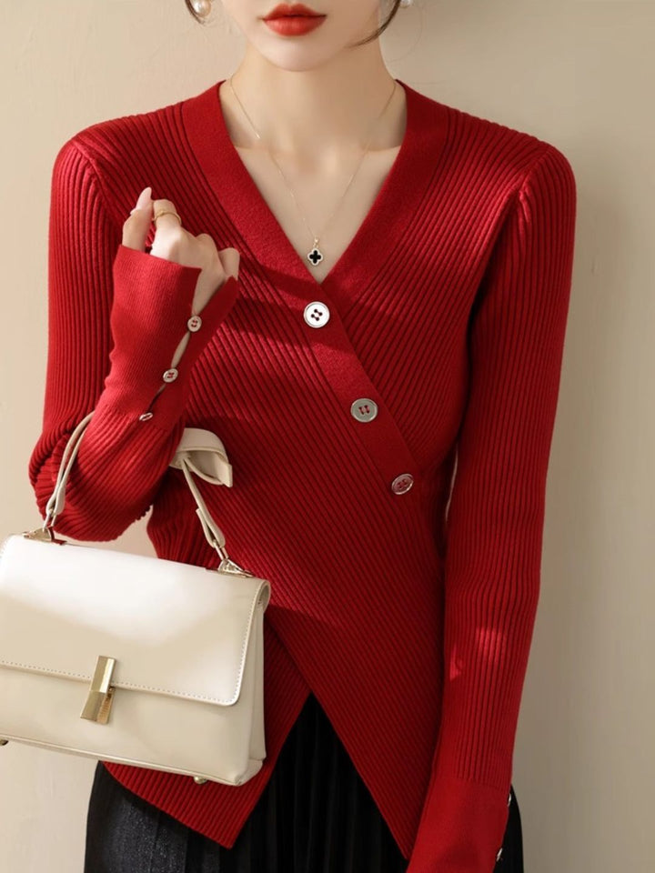 V-neck Cross Button Slit Sweater