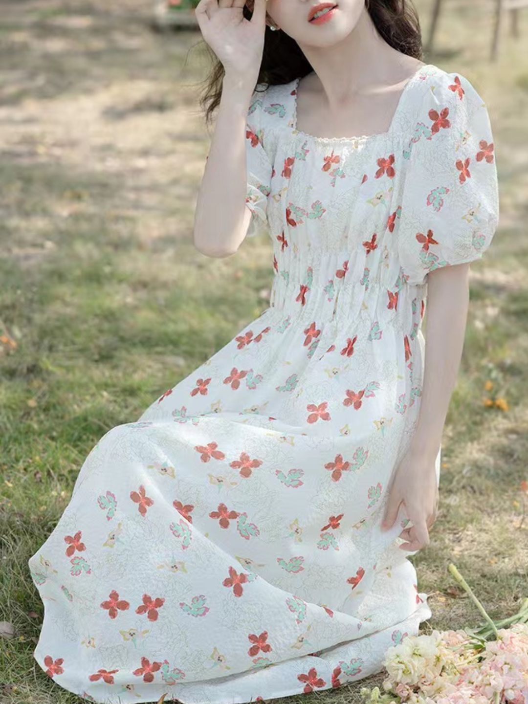 Puff Sleeve Slim Floral Dress