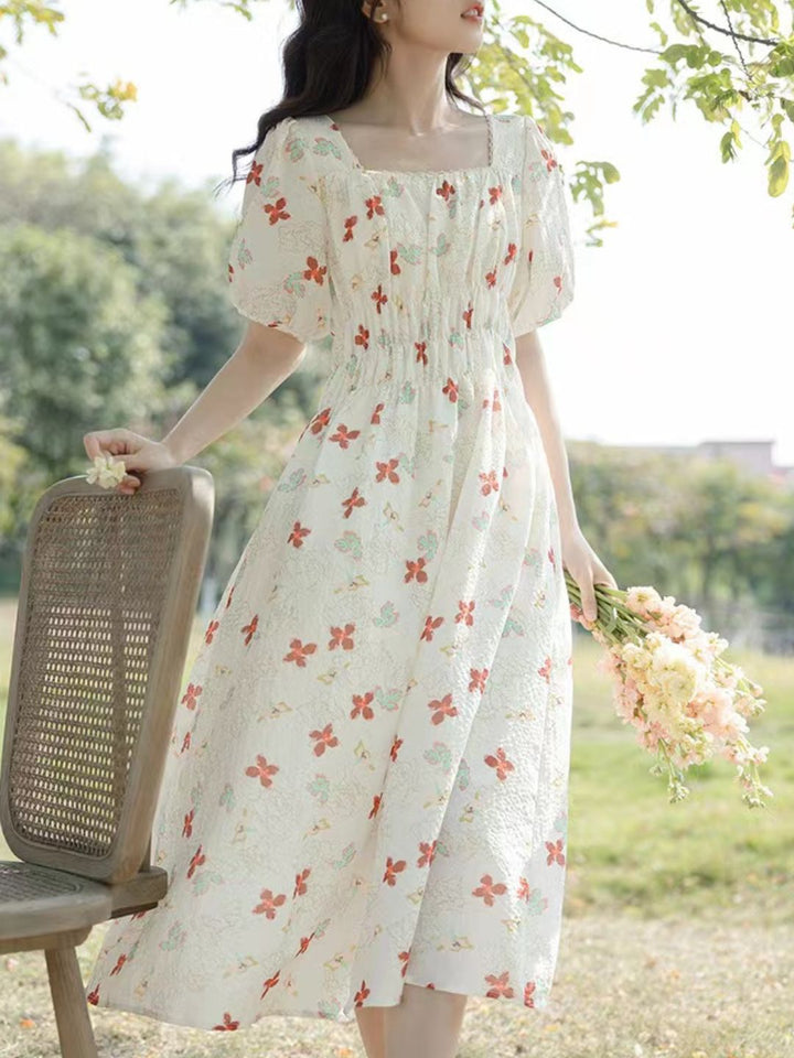 Puff Sleeve Slim Floral Dress