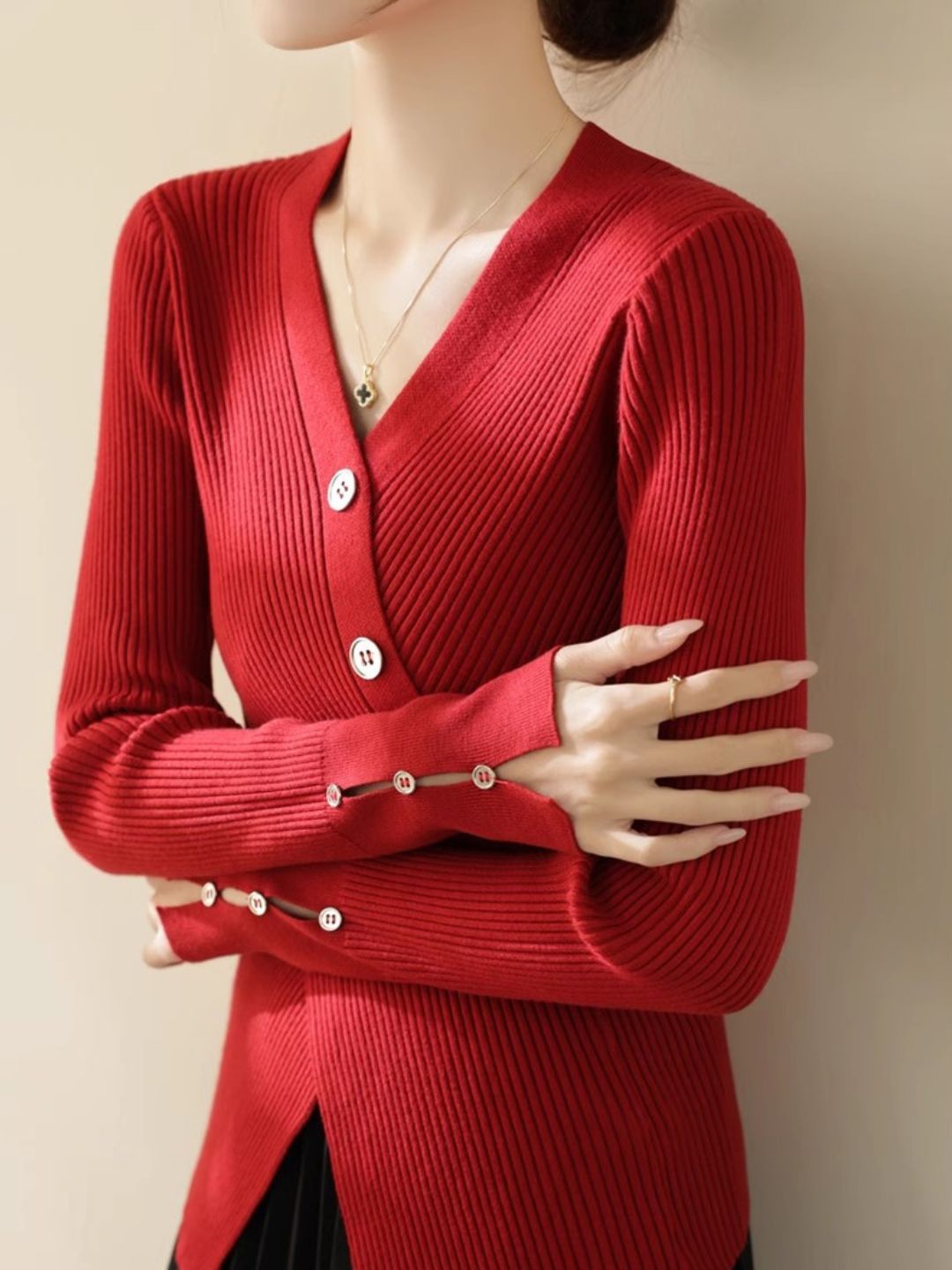 V-neck Cross Button Slit Sweater