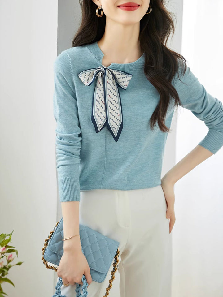 Retro Crew Neck Bow Knitted Top - Blue