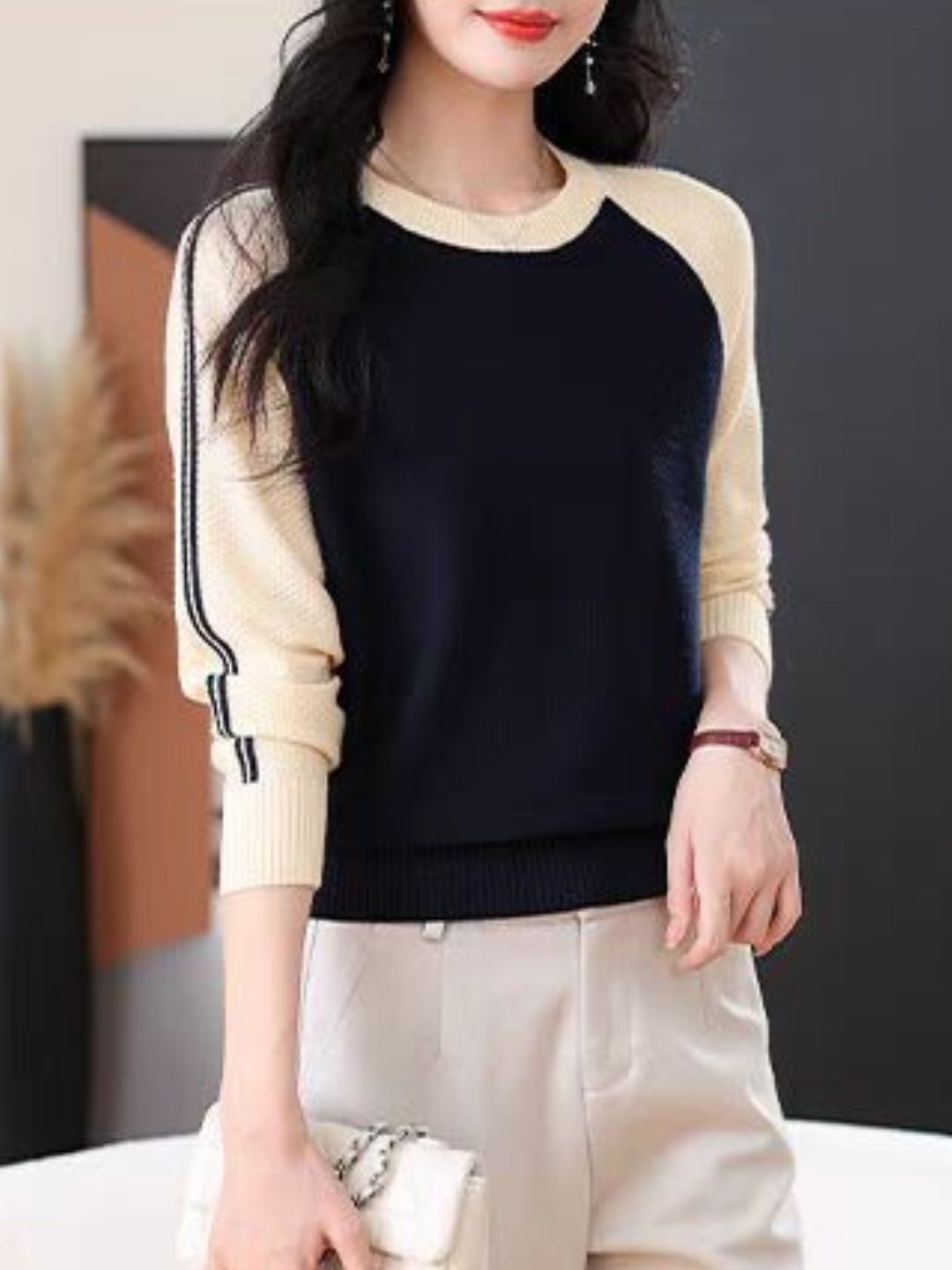 Casual Crew Neck Colorblock Knitted Sweater