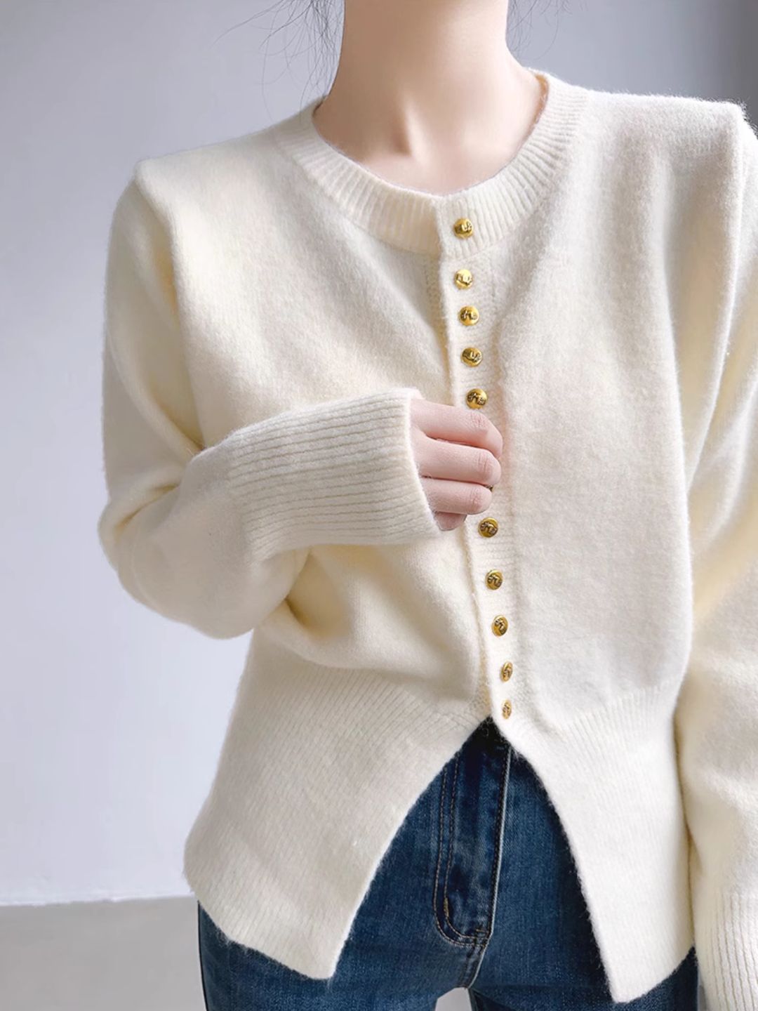 Crew Neck Solid Color Button Knitted Top